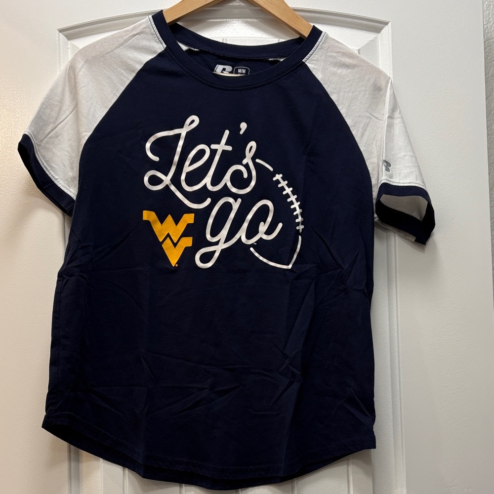 WVU Navy and White 'Let's Go' Football Raglan Tee
